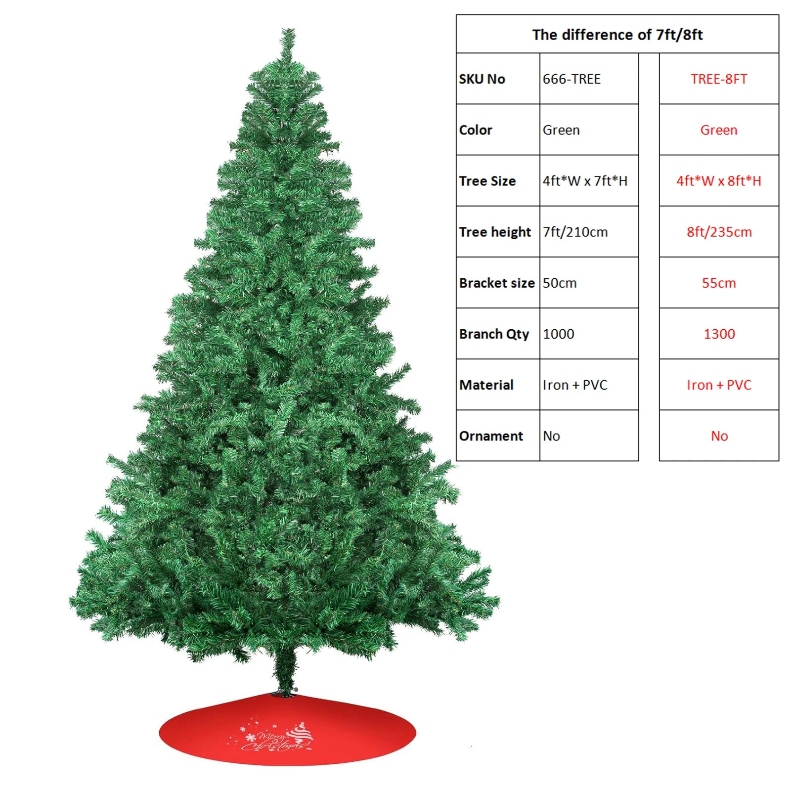 7ft/8ft Spruce Artificial Holiday Christmas Tree for Home/Party Decor w/1300 Branch Tips, Easy Assembly, Metal Hinges&Base