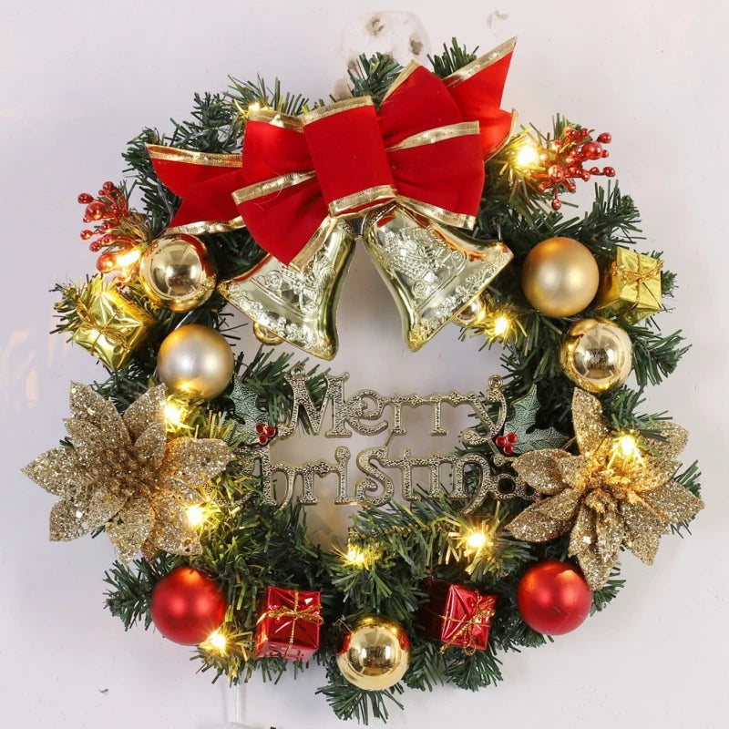 Merry Christmas Decorations For Home LED Glowing Garland Ornaments New Year Artificial Green Leaves Door Decor Hanging Wreath