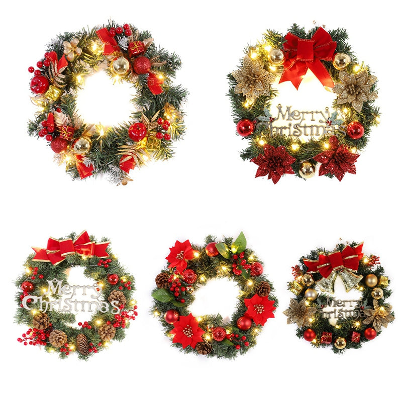 Merry Christmas Decorations For Home LED Glowing Garland Ornaments New Year Artificial Green Leaves Door Decor Hanging Wreath