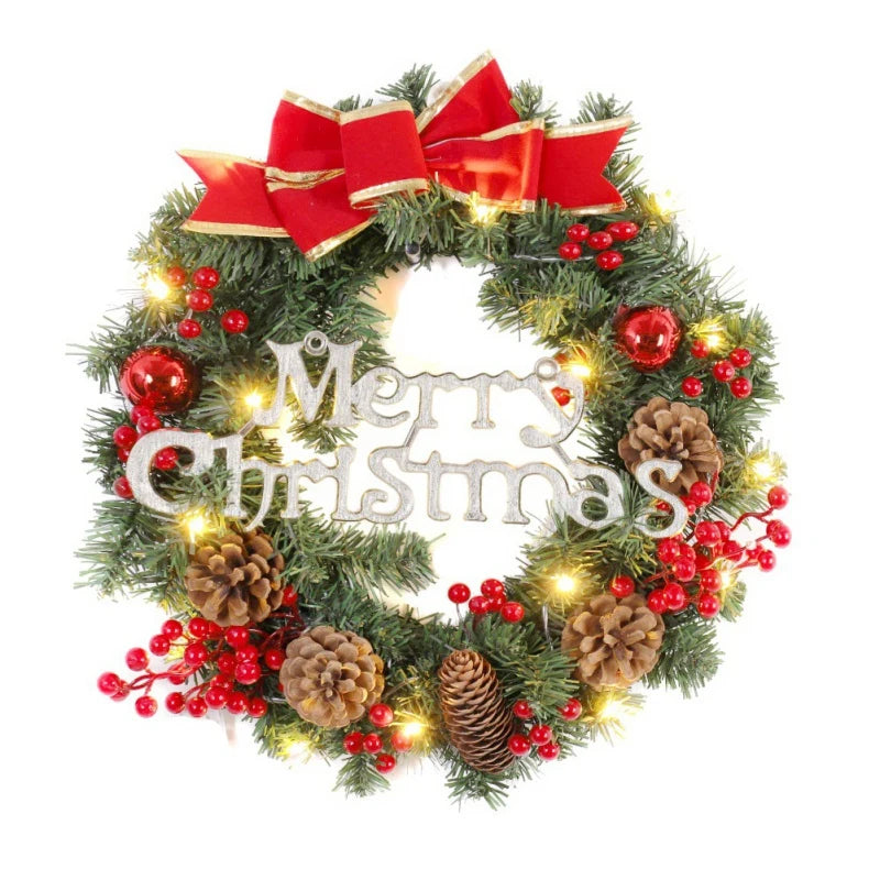 Merry Christmas Decorations For Home LED Glowing Garland Ornaments New Year Artificial Green Leaves Door Decor Hanging Wreath