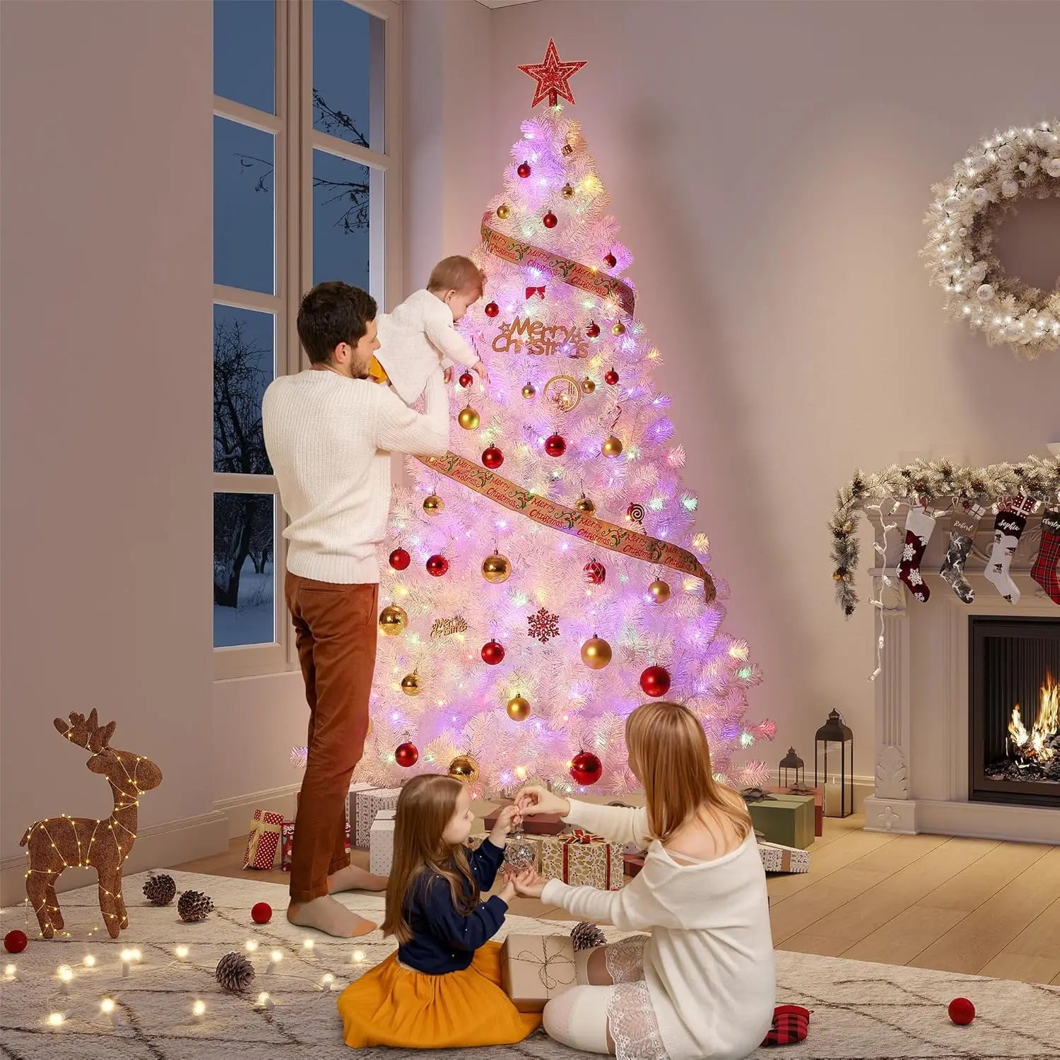 4.5/6/7.5/9Ft Prelit Christmas Tree Rose Gold Tinsel Christmas Tree With Warm White Led Lights Sparkle Xmas Decorations For Home