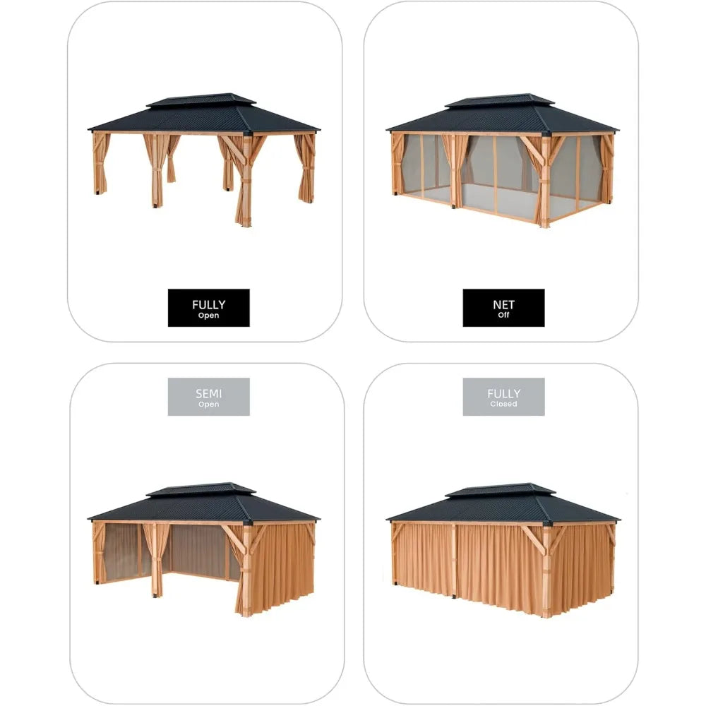 All-Weather 12ft x 20ft Wooden Gazebo with Double Metal Roof, Heavy-Duty Frame, Mosquito Net, and Curtains