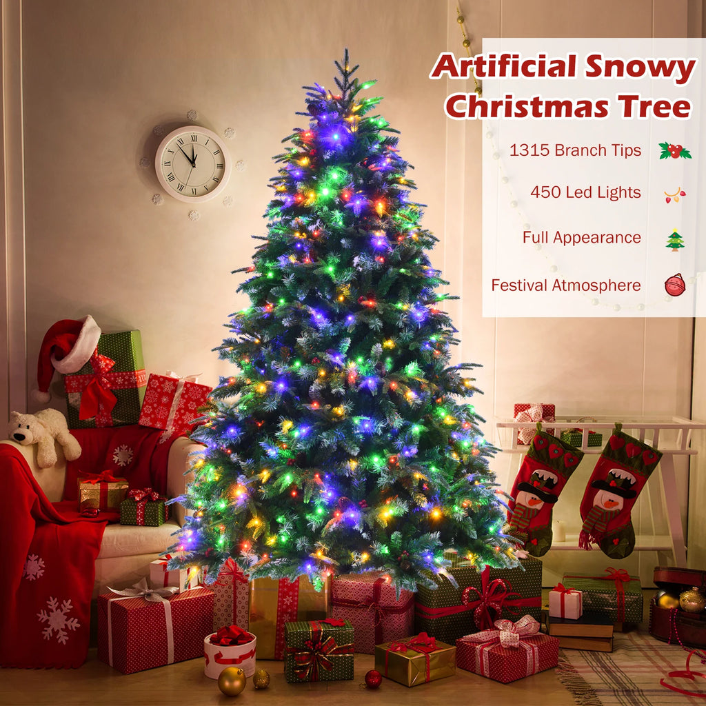 5/ 6/ 7/ 9FT Pre-Lit Artificial Christmas Tree, Realistic Snowy Xmas Tree Lush Hinged Pine Tree Modes for Celebration