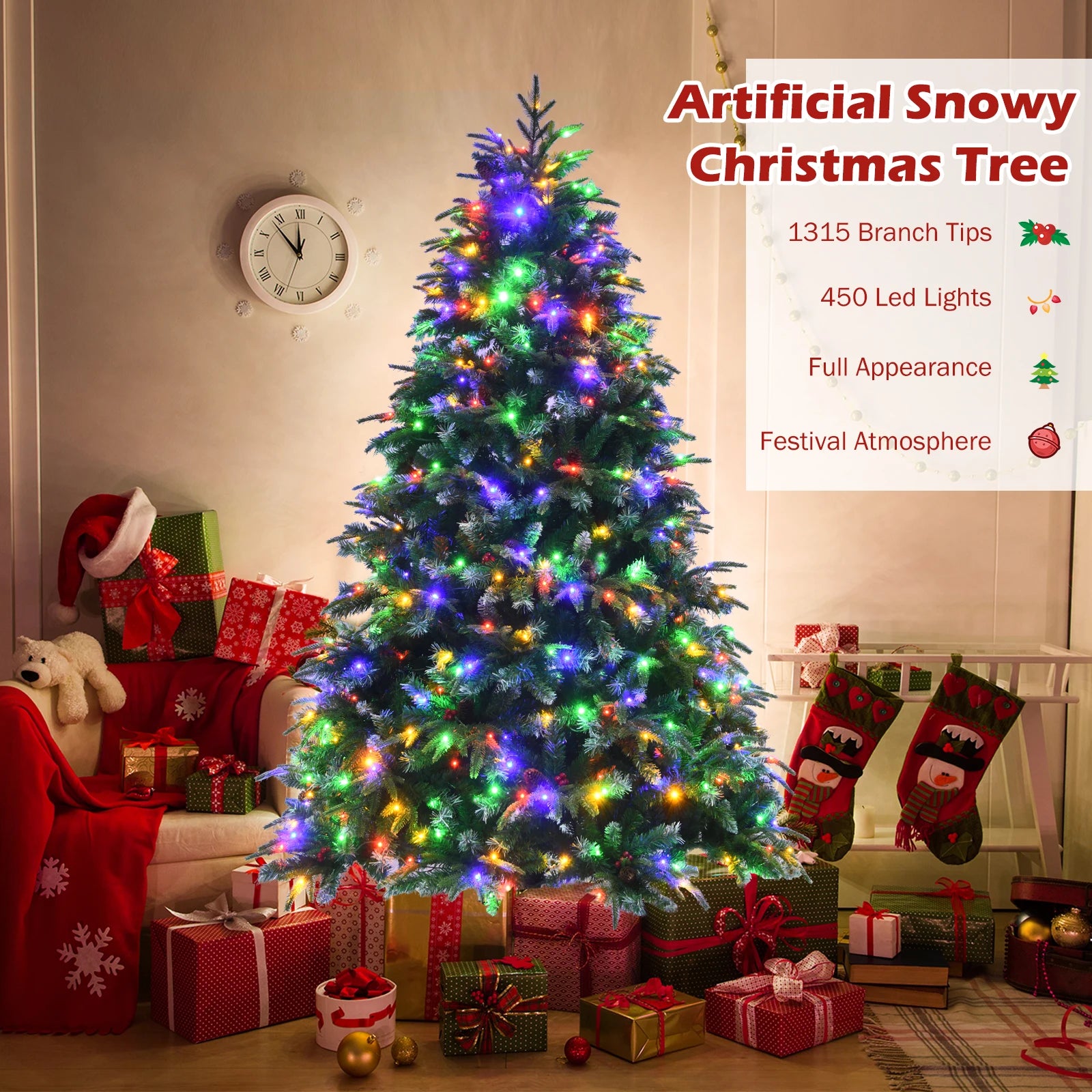 5/ 6/ 7/ 9FT Pre-Lit Artificial Christmas Tree, Realistic Snowy Xmas Tree Lush Hinged Pine Tree Modes for Celebration