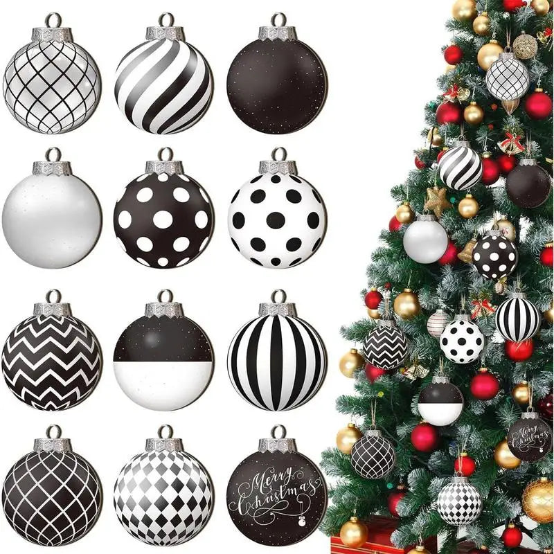 12pcs 2D Flat Black White Christmas Ball Pendant Christmas Tree Decoration  Wooden Dwarf Christmas Ball Home Decor New Year Gift
