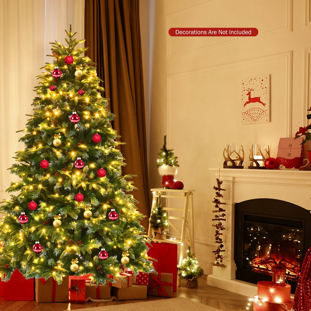 5/ 6/ 7/ 9FT Pre-Lit Artificial Christmas Tree, Realistic Snowy Xmas Tree Lush Hinged Pine Tree Modes for Celebration