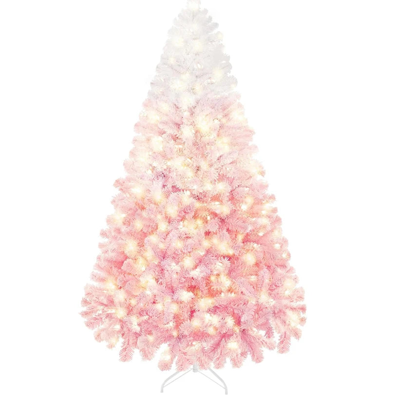 9FT Artificial Christmas Tree, Pre Lit Flocked Christmas Tree with Lights for Home, Office, Party Decoration, Pink Gradient