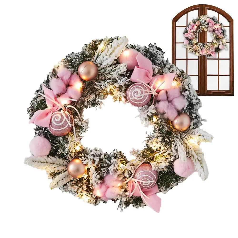 Light Up Christmas Wreath 11.81in Snowy Flocked Christmas Wreath Decorations With LED Lights And Balls Holiday Garland Ornament