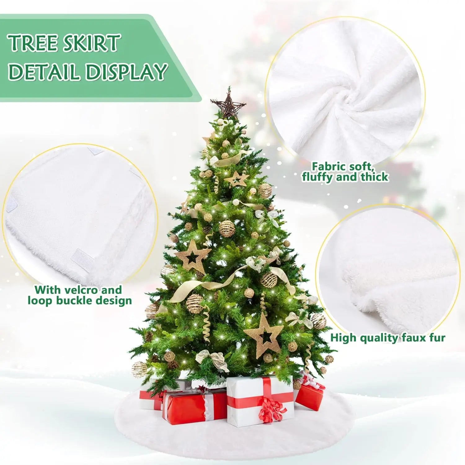10 Pieces 24 Inch Christmas Tree Skirt, White Tree Skirt with Faux Fur Edge, Luxury Thick Rustic Christmas Tree Decorations Xmas