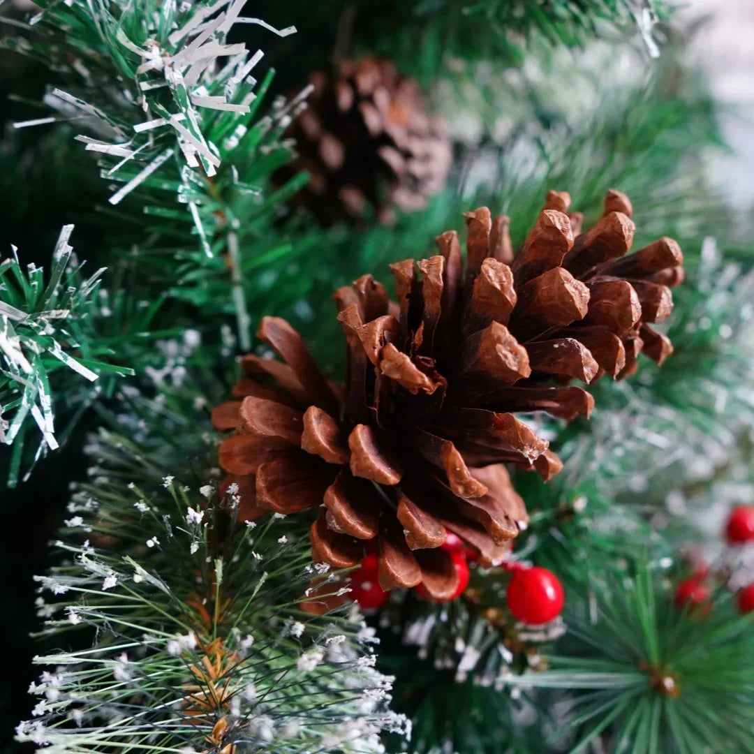 6/7FT Realistic Green Artificial Christmas Tree,Unlit,Decorated with Natural Pinecones & Holly Berries, Quick Setup,Metal Stand