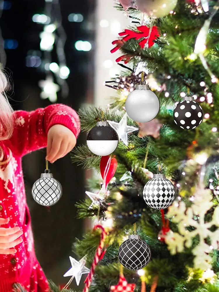 12pcs 2D Flat Black White Christmas Ball Pendant Christmas Tree Decoration  Wooden Dwarf Christmas Ball Home Decor New Year Gift