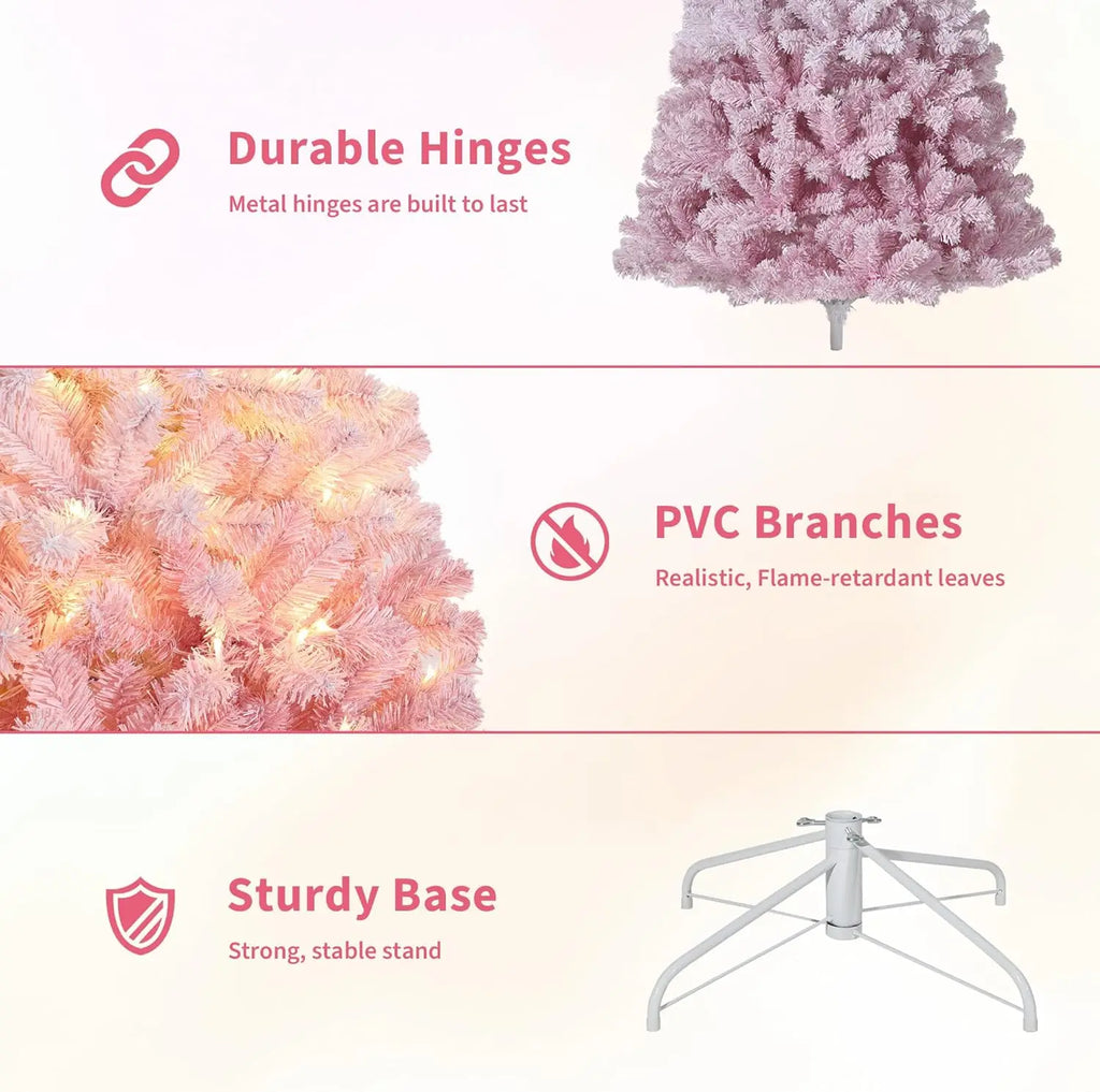 9FT Artificial Christmas Tree, Pre Lit Flocked Christmas Tree with Lights for Home, Office, Party Decoration, Pink Gradient