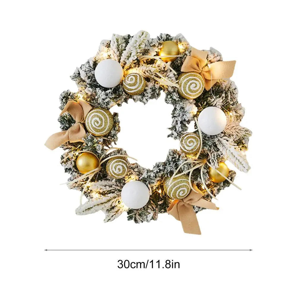 Light Up Christmas Wreath 11.81in Snowy Flocked Christmas Wreath Decorations With LED Lights And Balls Holiday Garland Ornament