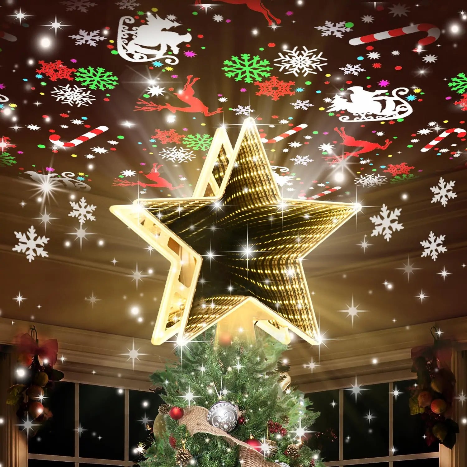 RGB Christmas Tree Topper Star with Projector, 4-in-1 Dynamic Lighting , Tool-Free Installation Xmas Decor for Home Party New Ye