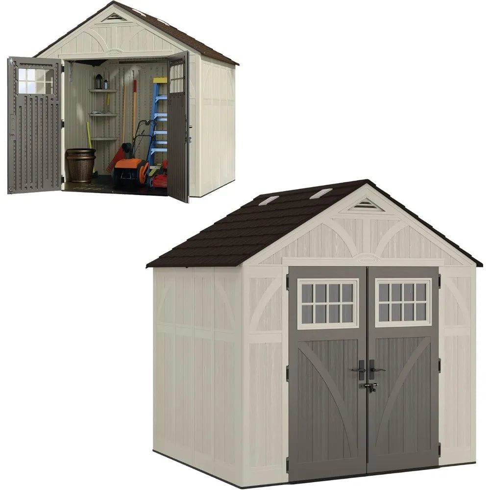 Large Heavy-Duty Plastic Storage Shed with Reinforced Floor, Skylight for Natural Light, Lockable Double Doors