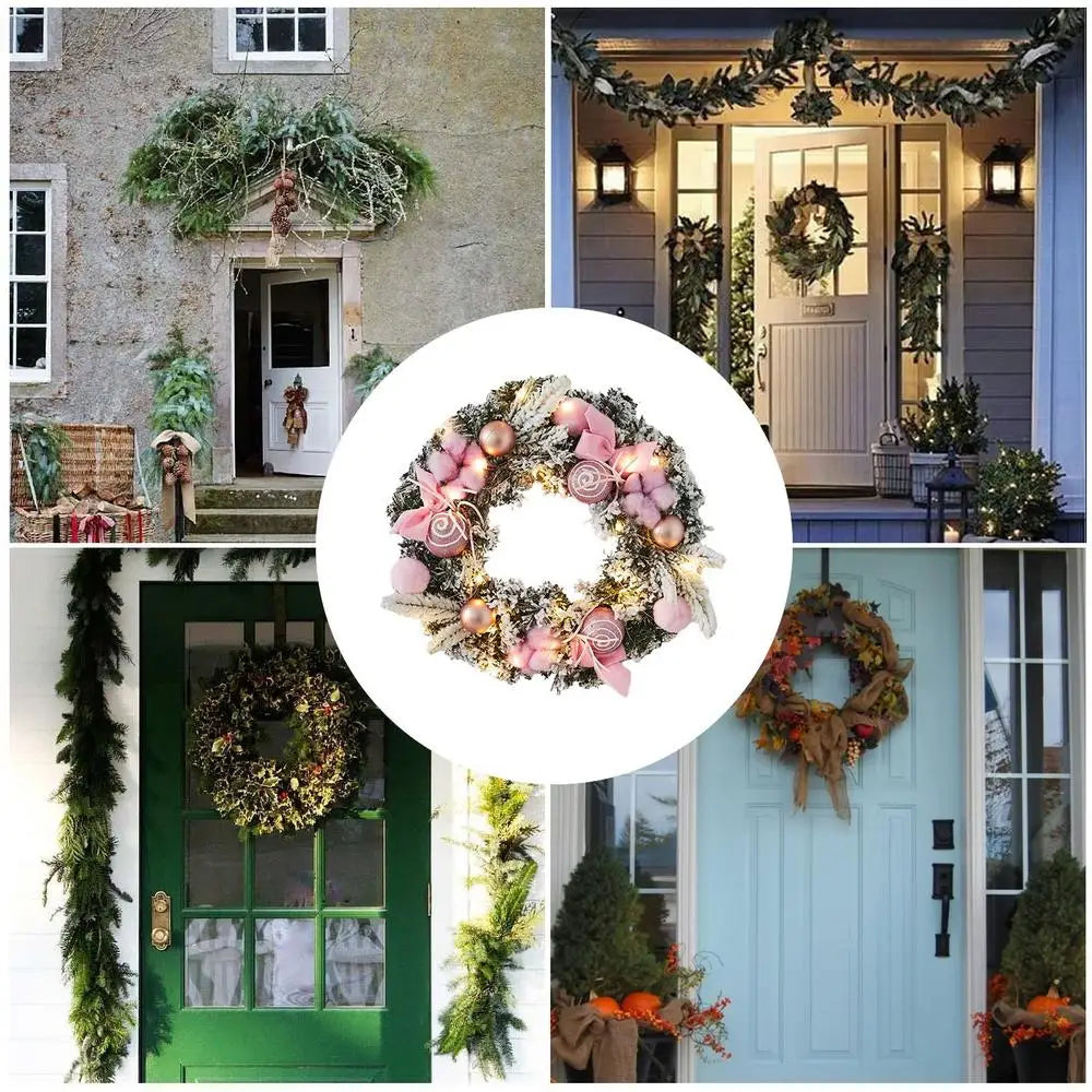 Light Up Christmas Wreath 11.81in Snowy Flocked Christmas Wreath Decorations With LED Lights And Balls Holiday Garland Ornament