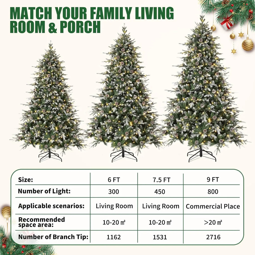 6Ft/7.5Ft/9Ft Pre-Lit Snow Flocked Christmas Tree 8-Modes LED Lights Prelit Artificial Tree With Fake Pine Cones For Home Decor