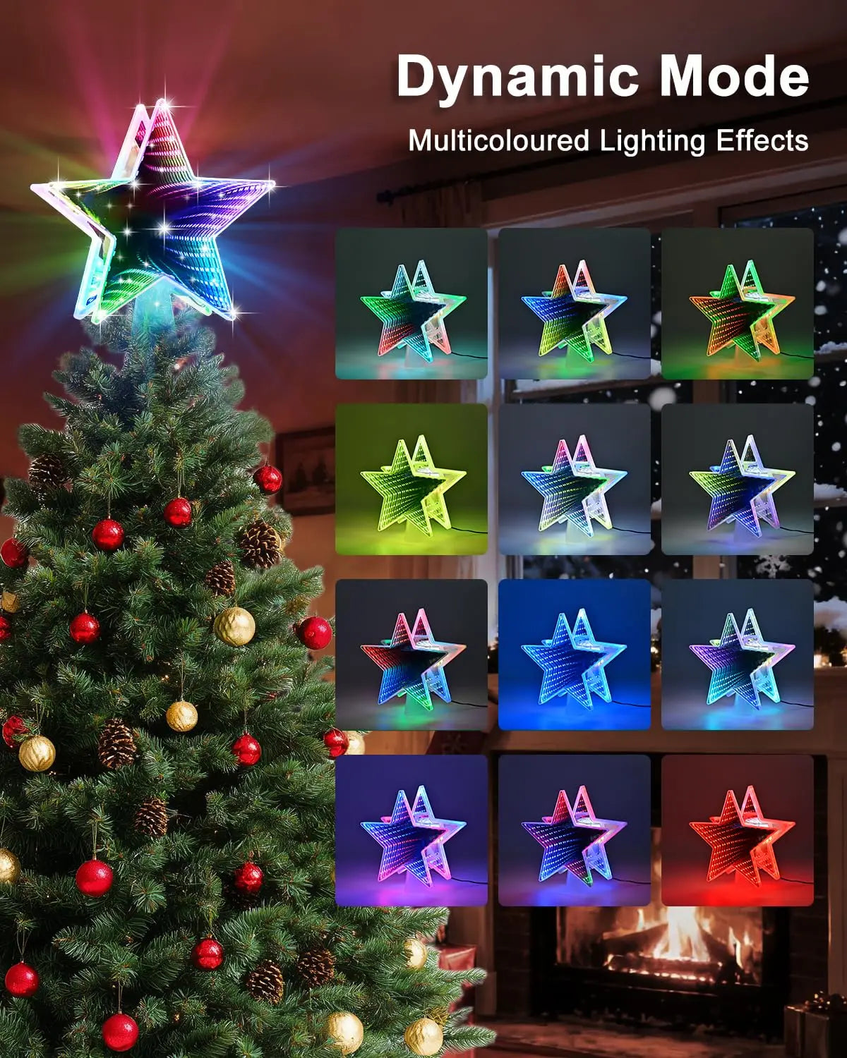 RGB Christmas Tree Topper Star with Projector, 4-in-1 Dynamic Lighting , Tool-Free Installation Xmas Decor for Home Party New Ye
