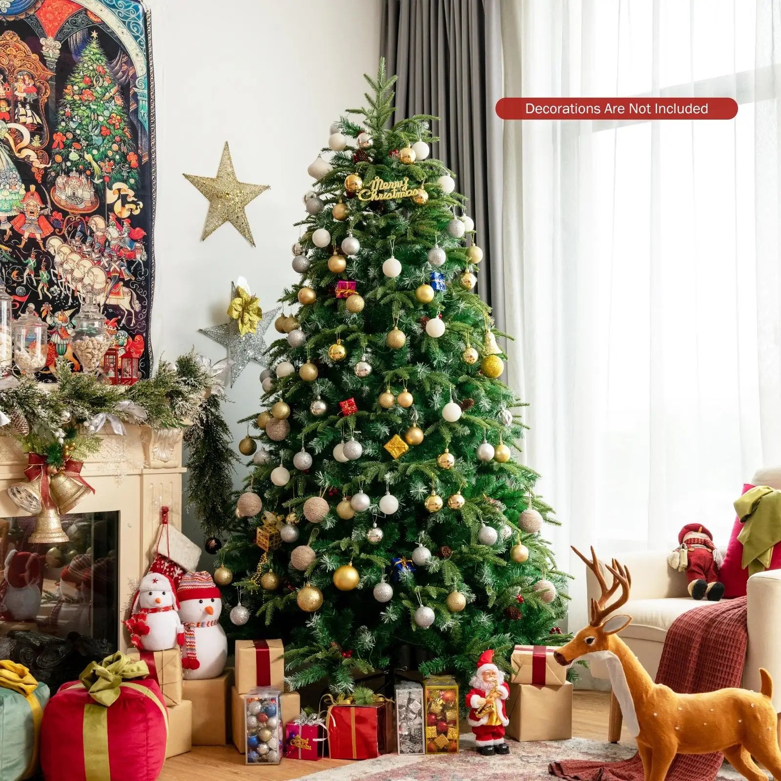 5/ 6/ 7/ 9FT Pre-Lit Artificial Christmas Tree, Realistic Snowy Xmas Tree Lush Hinged Pine Tree Modes for Celebration