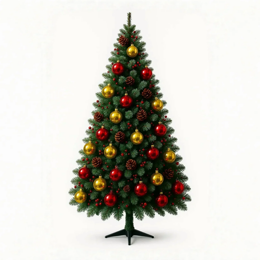 6/7FT Realistic Green Artificial Christmas Tree,Unlit,Decorated with Natural Pinecones & Holly Berries, Quick Setup,Metal Stand