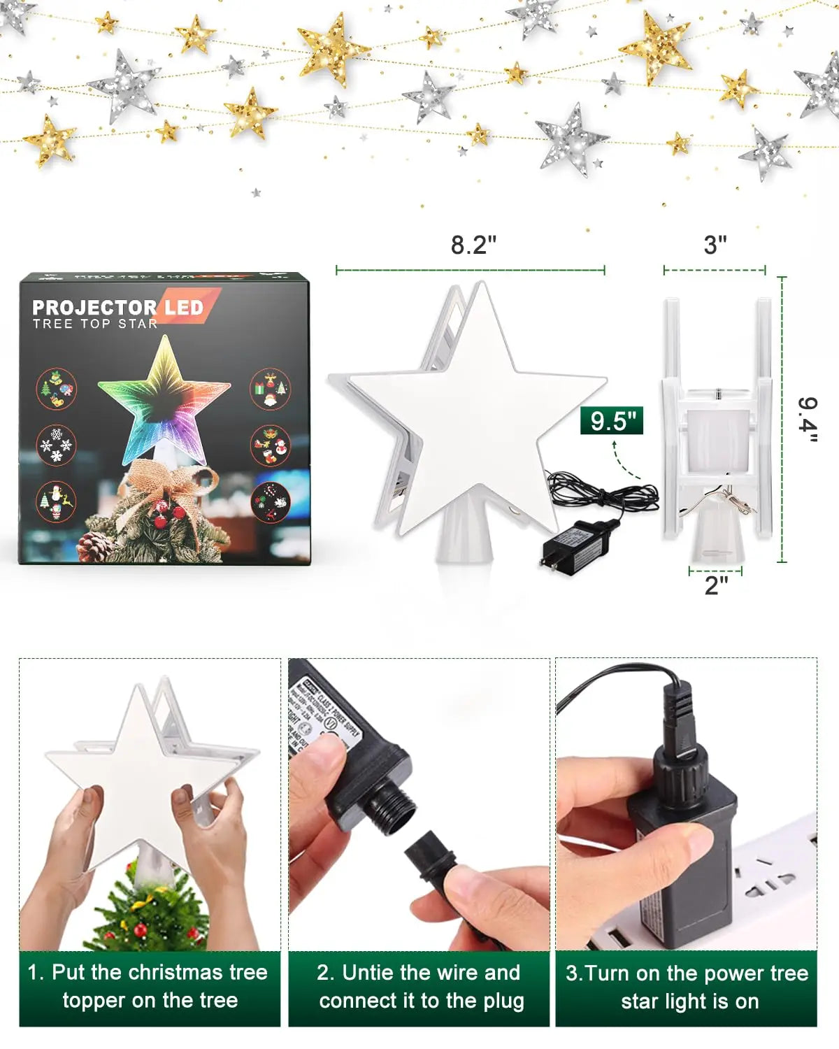 RGB Christmas Tree Topper Star with Projector, 4-in-1 Dynamic Lighting , Tool-Free Installation Xmas Decor for Home Party New Ye