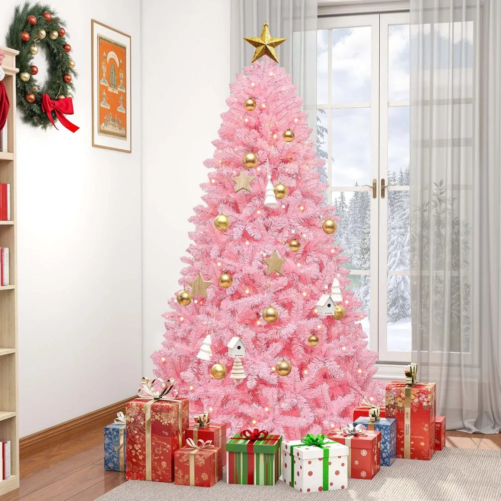 7.5ft Prelit Pink Artificial Christmas Tree Pink Hinged Tree with 1350 PVC Tips