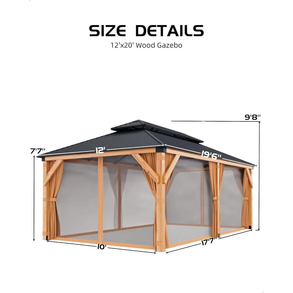 All-Weather 12ft x 20ft Wooden Gazebo with Double Metal Roof, Heavy-Duty Frame, Mosquito Net, and Curtains
