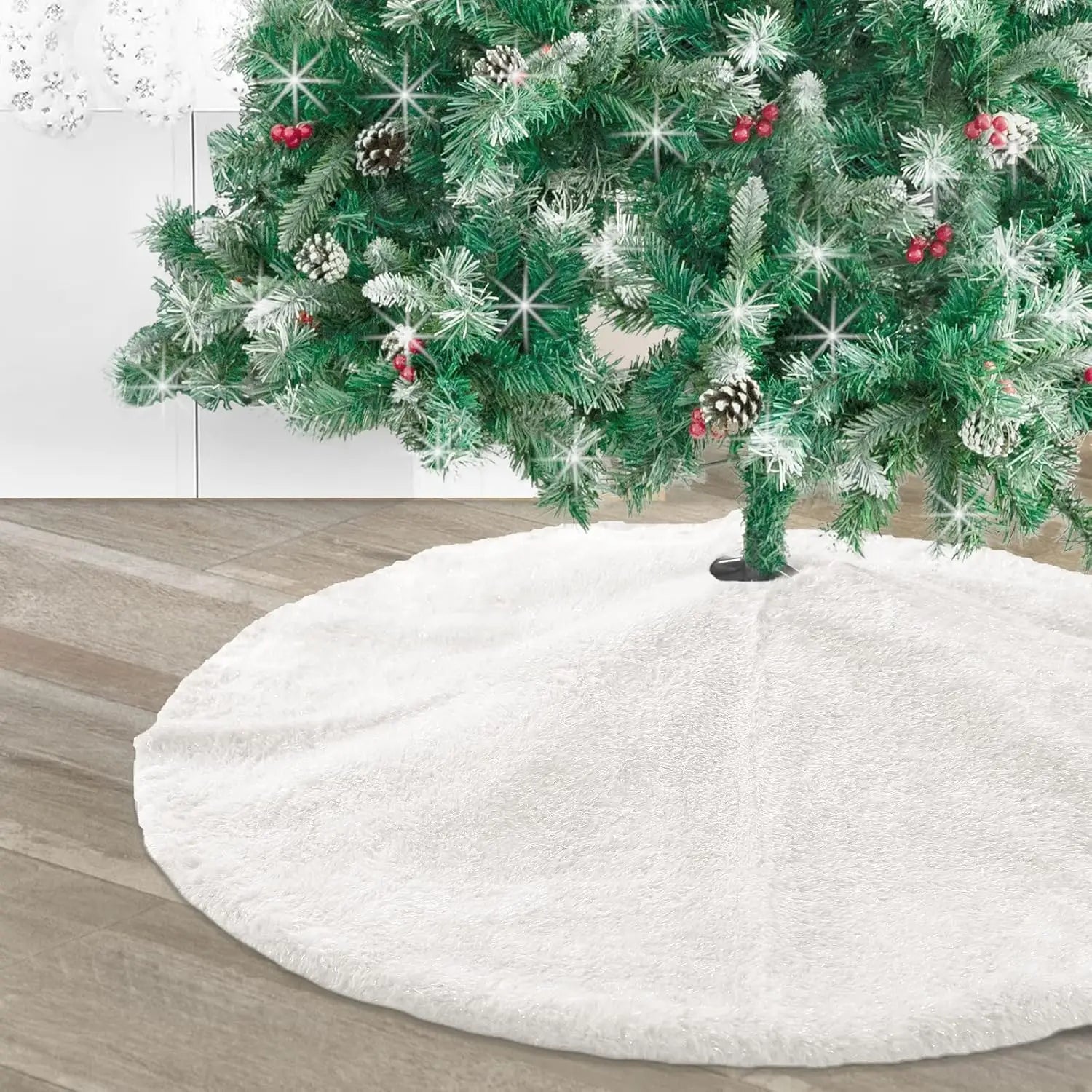 10 Pieces 24 Inch Christmas Tree Skirt, White Tree Skirt with Faux Fur Edge, Luxury Thick Rustic Christmas Tree Decorations Xmas