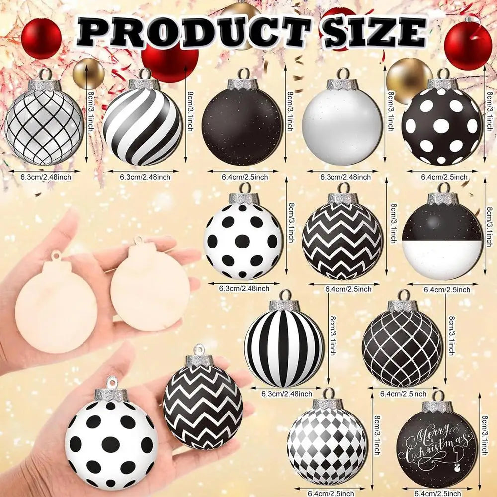 12pcs 2D Flat Black White Christmas Ball Pendant Christmas Tree Decoration  Wooden Dwarf Christmas Ball Home Decor New Year Gift