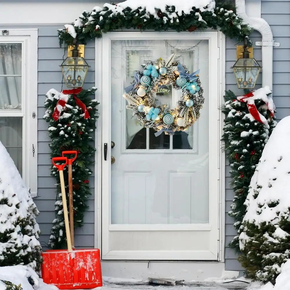 Light Up Christmas Wreath 11.81in Snowy Flocked Christmas Wreath Decorations With LED Lights And Balls Holiday Garland Ornament