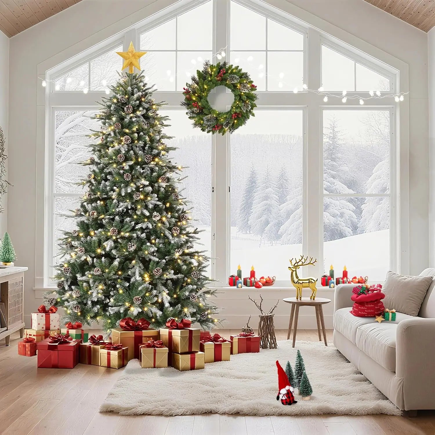 6Ft/7.5Ft/9Ft Pre-Lit Snow Flocked Christmas Tree 8-Modes LED Lights Prelit Artificial Tree With Fake Pine Cones For Home Decor