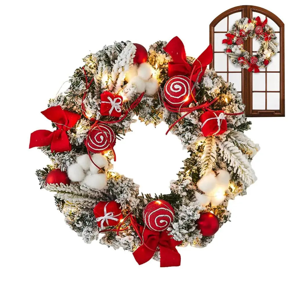 Light Up Christmas Wreath 11.81in Snowy Flocked Christmas Wreath Decorations With LED Lights And Balls Holiday Garland Ornament