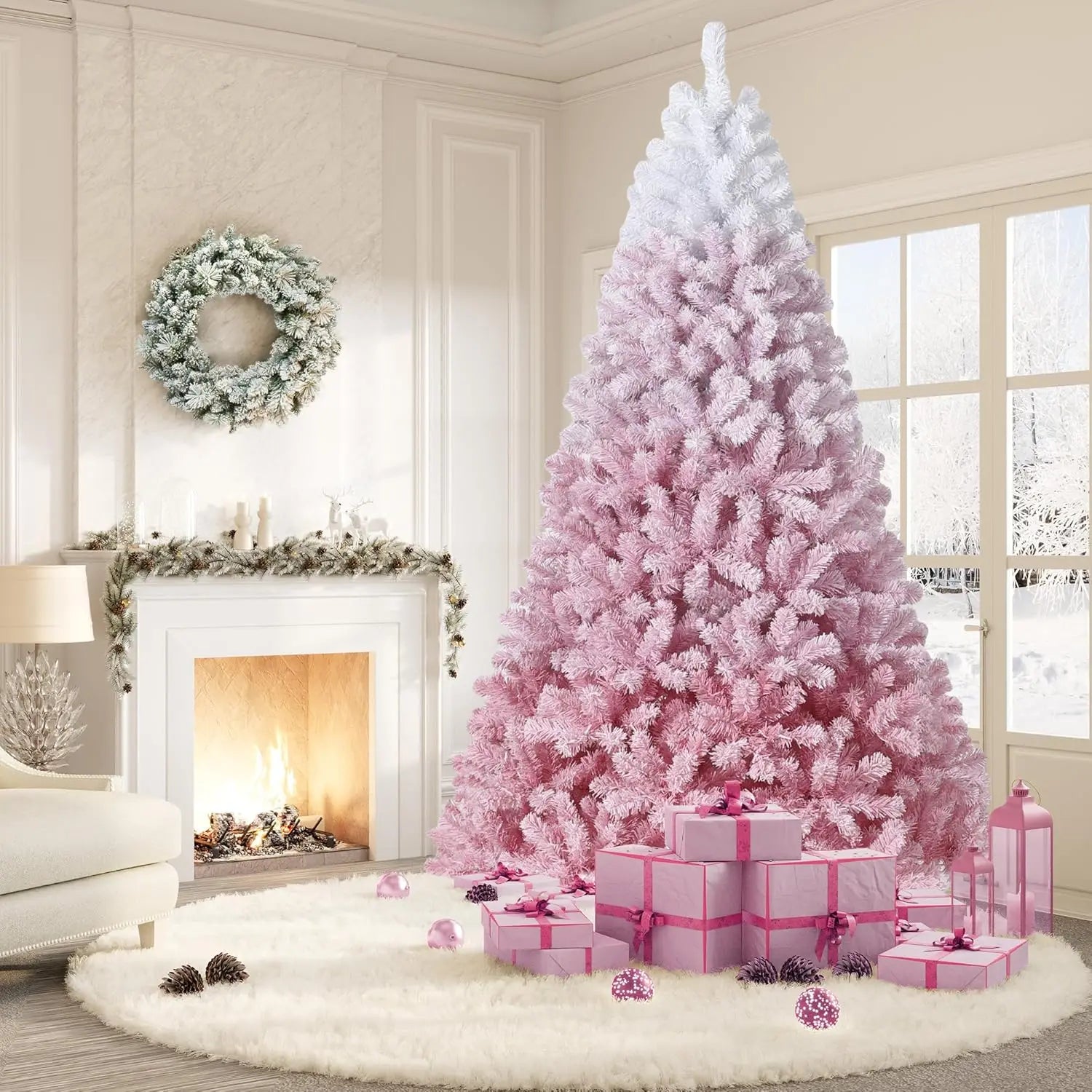 9FT Artificial Christmas Tree, Pre Lit Flocked Christmas Tree with Lights for Home, Office, Party Decoration, Pink Gradient