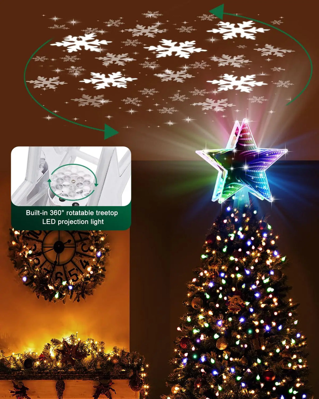 RGB Christmas Tree Topper Star with Projector, 4-in-1 Dynamic Lighting , Tool-Free Installation Xmas Decor for Home Party New Ye