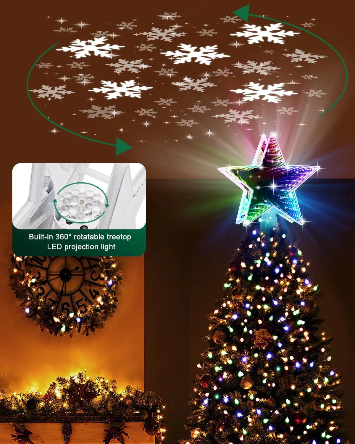 RGB Christmas Tree Topper Star with Projector, 4-in-1 Dynamic Lighting , Tool-Free Installation Xmas Decor for Home Party New Ye
