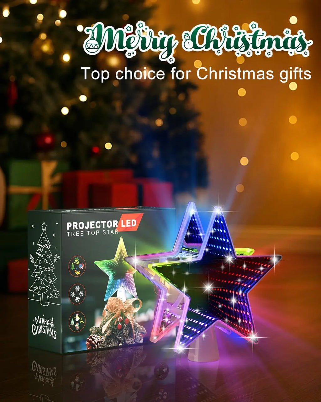 RGB Christmas Tree Topper Star with Projector, 4-in-1 Dynamic Lighting , Tool-Free Installation Xmas Decor for Home Party New Ye