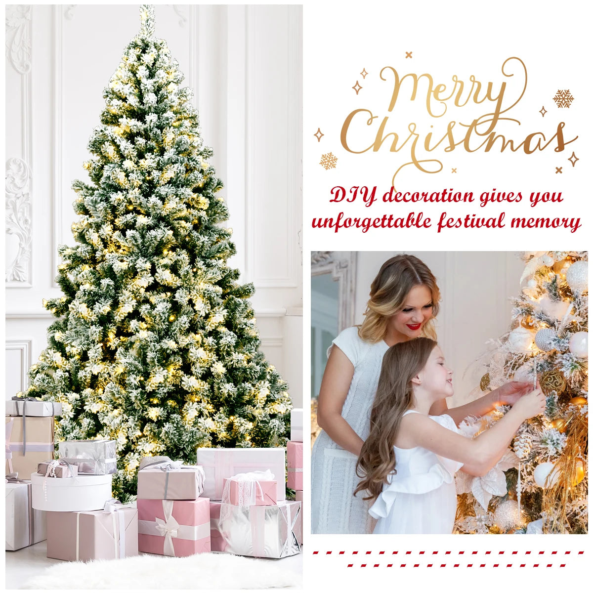 7.5Ft Pre-Lit Premium Snow Flocked Hinged Artificial Christmas Tree w/550 Lights