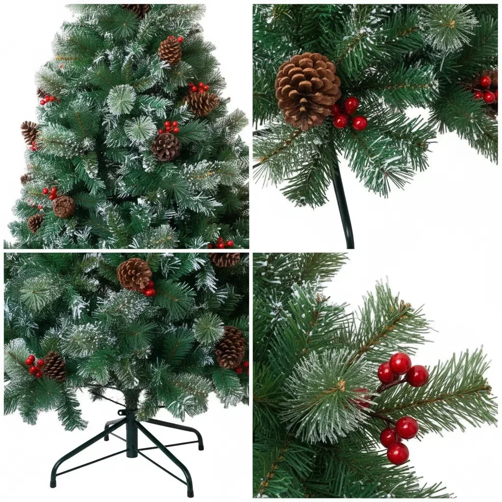 6/7FT Realistic Green Artificial Christmas Tree,Unlit,Decorated with Natural Pinecones & Holly Berries, Quick Setup,Metal Stand