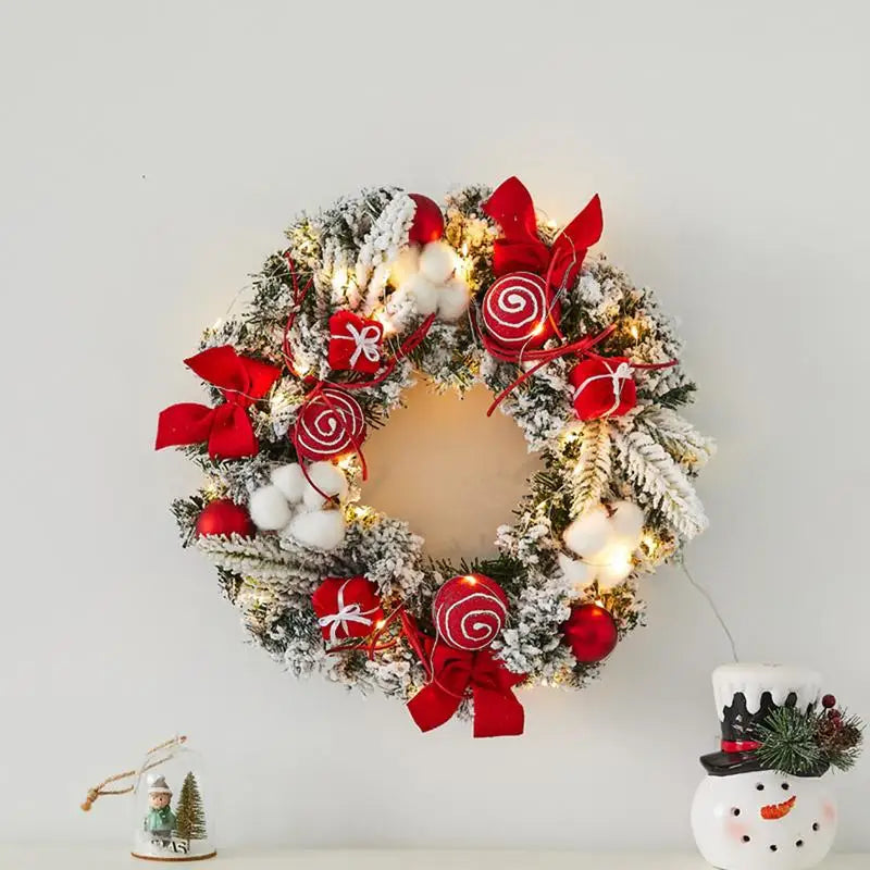 Light Up Christmas Wreath 11.81in Snowy Flocked Christmas Wreath Decorations With LED Lights And Balls Holiday Garland Ornament