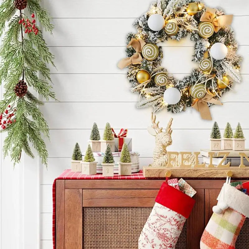 Light Up Christmas Wreath 11.81in Snowy Flocked Christmas Wreath Decorations With LED Lights And Balls Holiday Garland Ornament