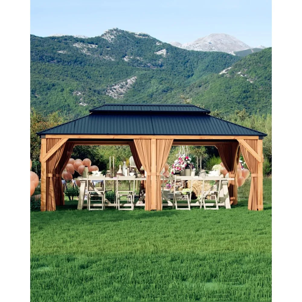 All-Weather 12ft x 20ft Wooden Gazebo with Double Metal Roof, Heavy-Duty Frame, Mosquito Net, and Curtains
