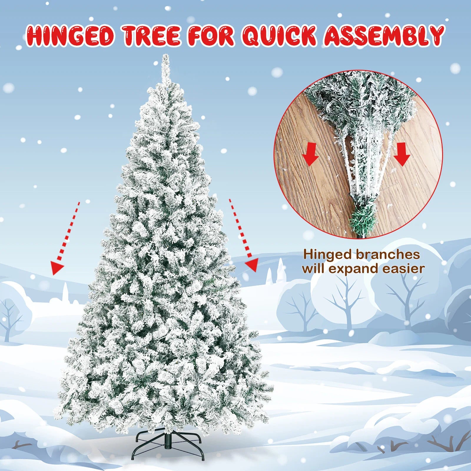 Artificial Christmas Tree with Metal Stand 6/ 7. 5/ 9FT, with Natural Snow Effect for Festivals, Indoor and Outdoor, White
