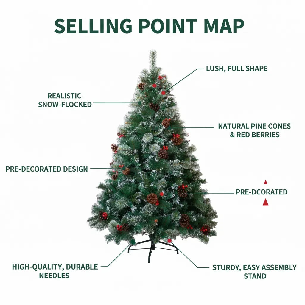 6/7FT Realistic Green Artificial Christmas Tree,Unlit,Decorated with Natural Pinecones & Holly Berries, Quick Setup,Metal Stand