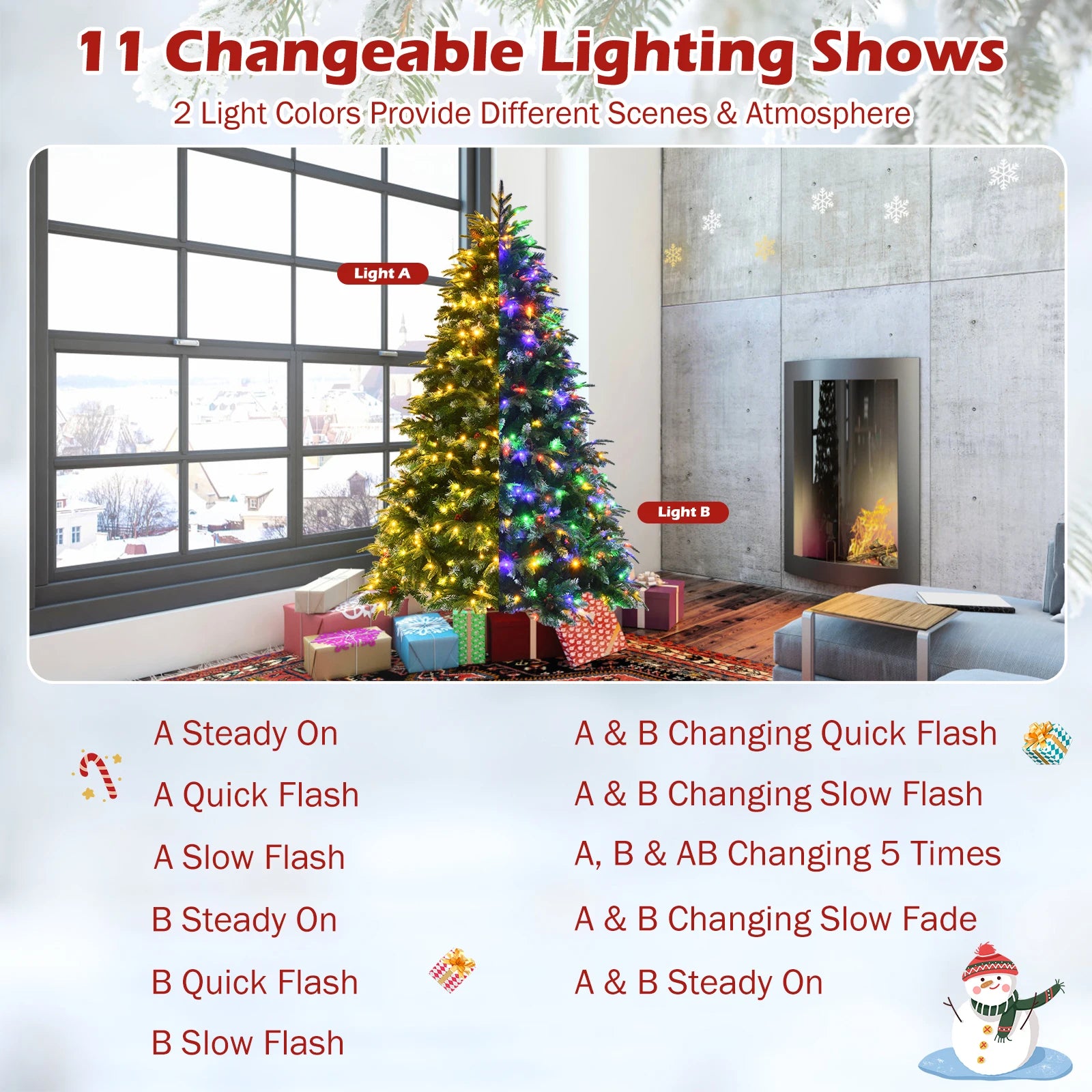 5/ 6/ 7/ 9FT Pre-Lit Artificial Christmas Tree, Realistic Snowy Xmas Tree Lush Hinged Pine Tree Modes for Celebration