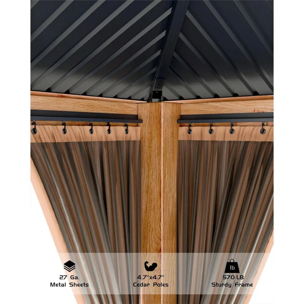 All-Weather 12ft x 20ft Wooden Gazebo with Double Metal Roof, Heavy-Duty Frame, Mosquito Net, and Curtains