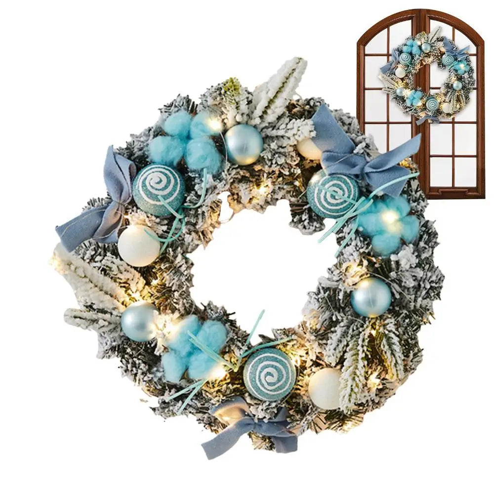 Light Up Christmas Wreath 11.81in Snowy Flocked Christmas Wreath Decorations With LED Lights And Balls Holiday Garland Ornament