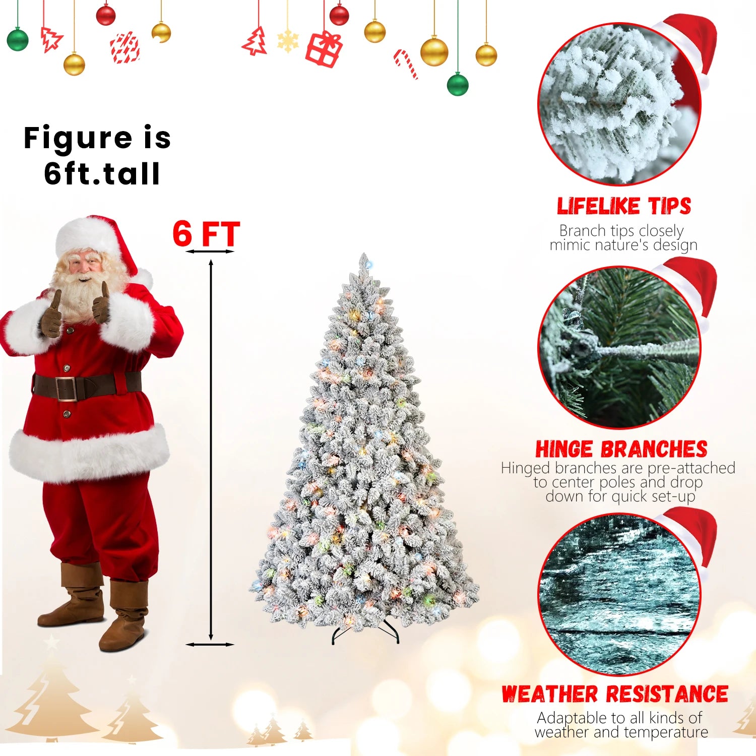 Makeatree 6/7ft Pre-Lit Snow Flocked PVC Mixed Artificial Christmas Tree with Multi-Colored Lights Bodied Xmas Tree for Holiday