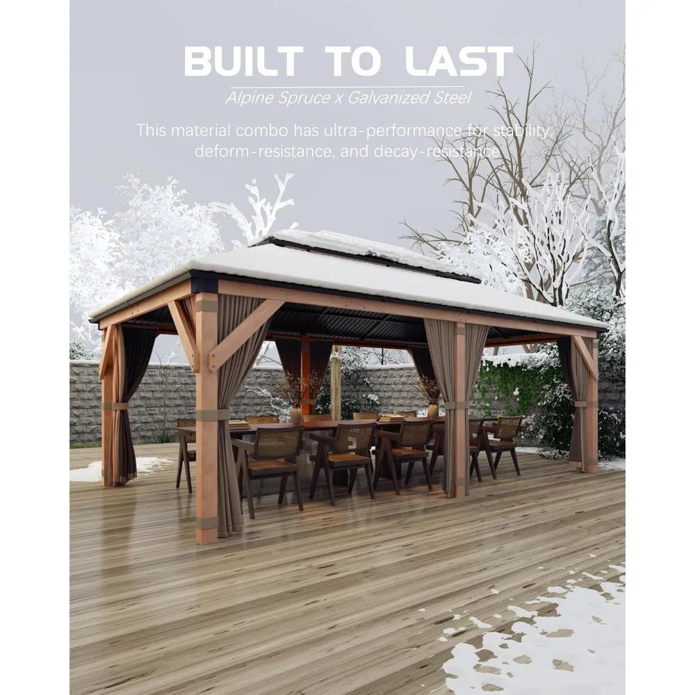 All-Weather 12ft x 20ft Wooden Gazebo with Double Metal Roof, Heavy-Duty Frame, Mosquito Net, and Curtains