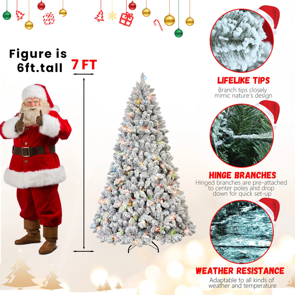 Makeatree 6/7ft Pre-Lit Snow Flocked PVC Mixed Artificial Christmas Tree with Multi-Colored Lights Bodied Xmas Tree for Holiday