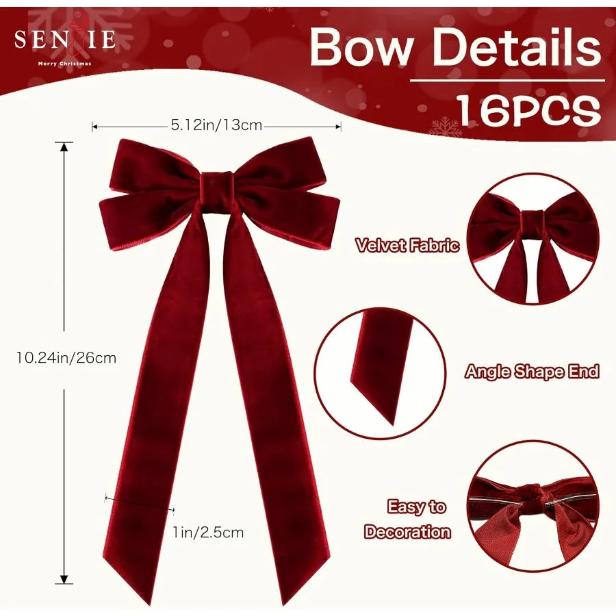 16Pcs Velvet Ribbon Bows for Christmas Tree Decoration Vintage Rustic Small Craft Bows Ornaments for Garland Wreath Gift Wrappi